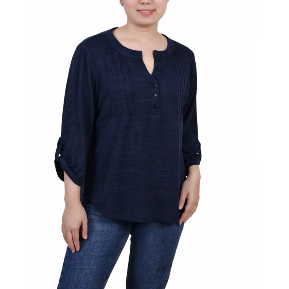 NY Collection Petite 3/4 Roll Tab Sleeve Pintuck Top Navy Petite Size PL 17269